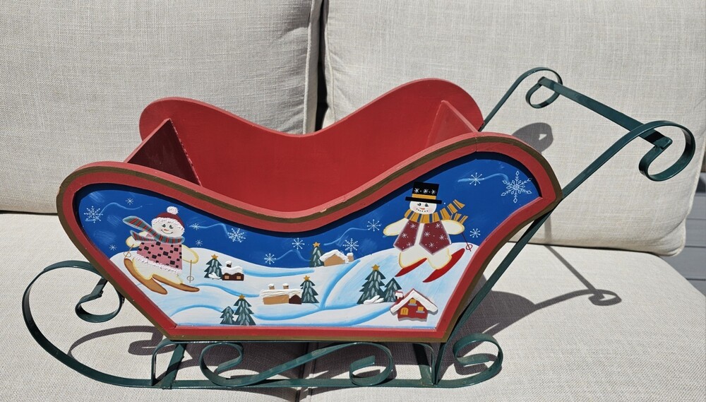 Christmas Wooden Sleigh Red w/Snowmen Metal Runners Large 26"